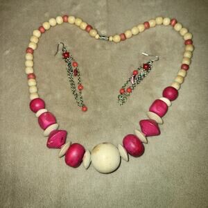 Wooden handmade necklace and screw closure shepherds hook earrings